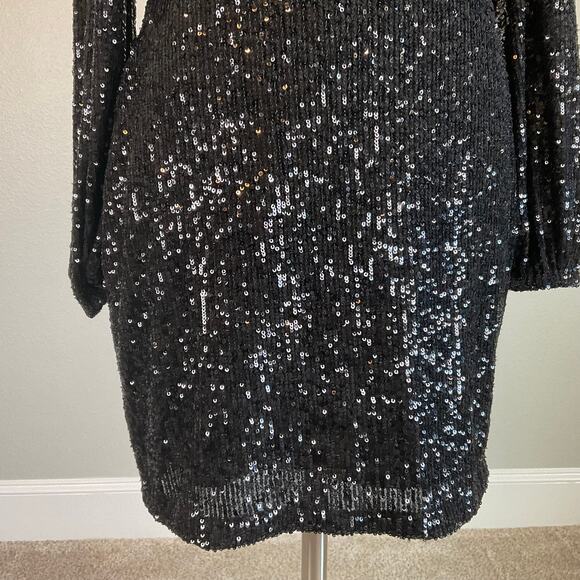 XSCAPE Sequined Long Sleeve Cut Out Mini Sheath Cocktail Dress Black Size 8 - Picture 8 of 10